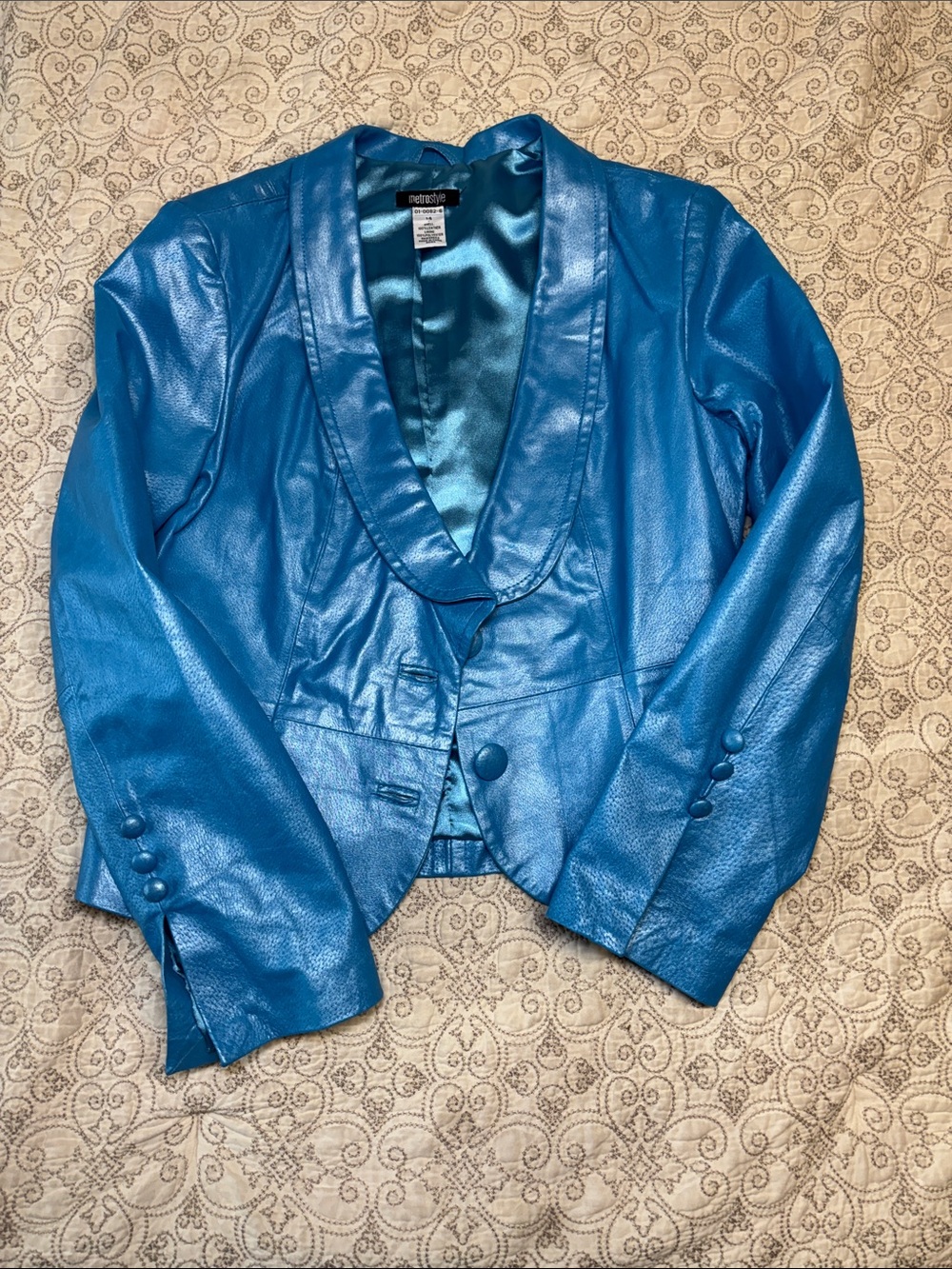 metrostyle Shiny Teal Blue Faux Leather Blazer